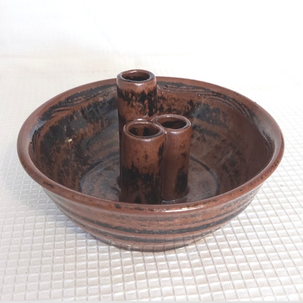 Ikebona Brown Clay Bud Vase Art Pottery 3 Tubes Glazed Drainage Holes Bowl